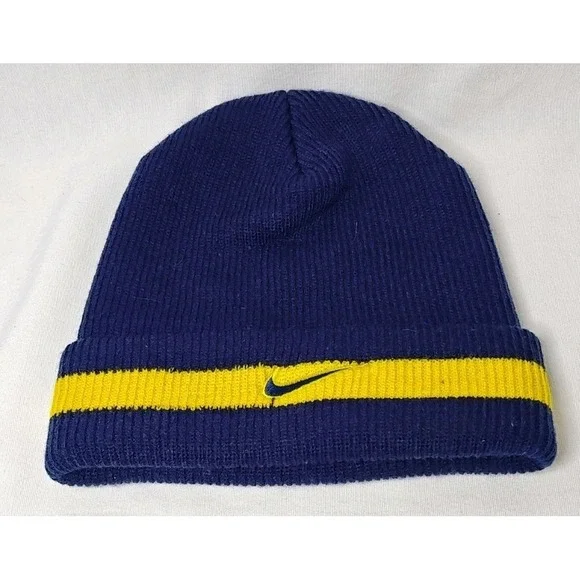 Vintage Nike 90s University Of Michigan Blue Yellow Beanie OSFM Adult Hat Cap